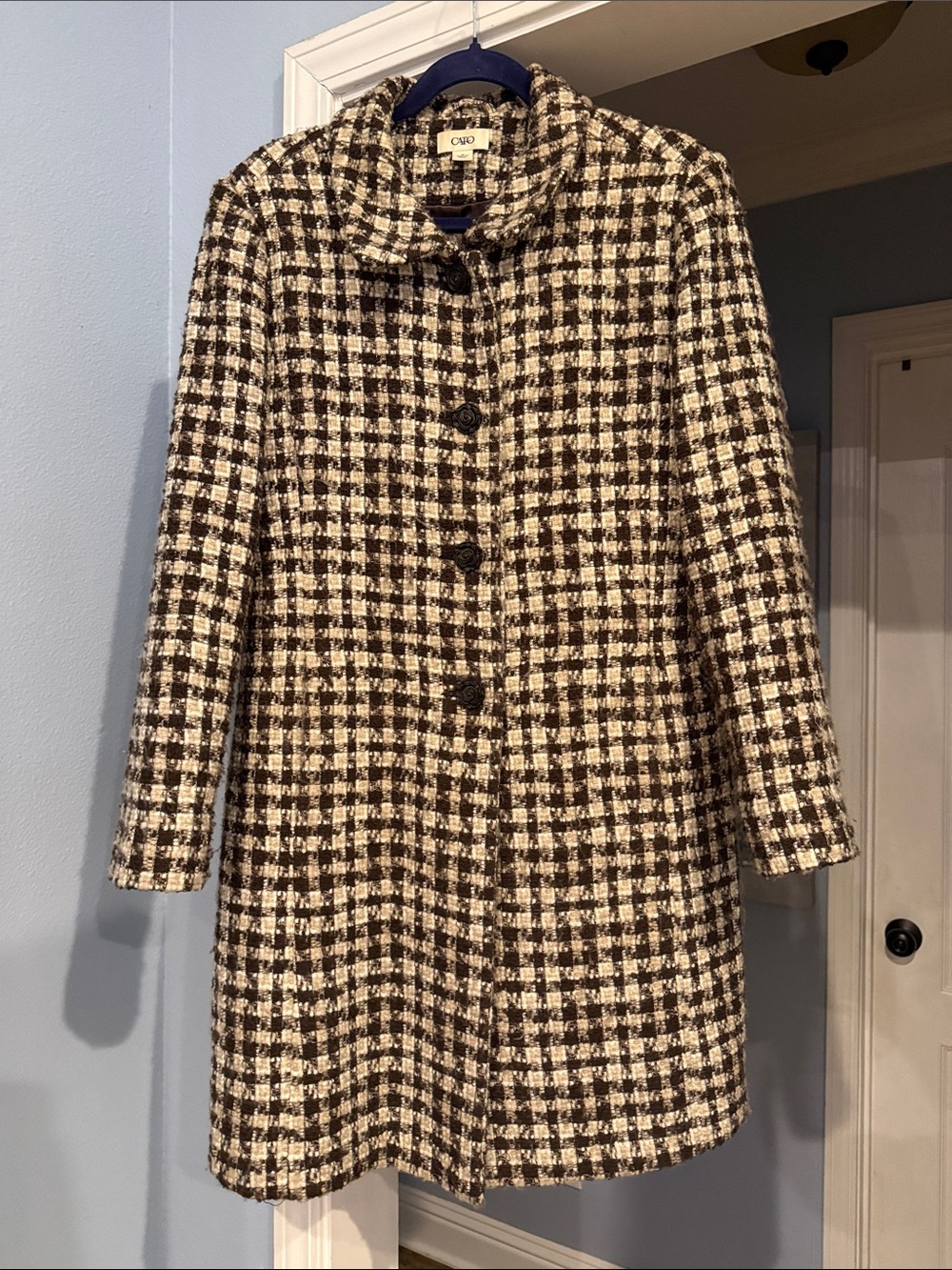 Brown and Cream Checked Tweed Peacoat